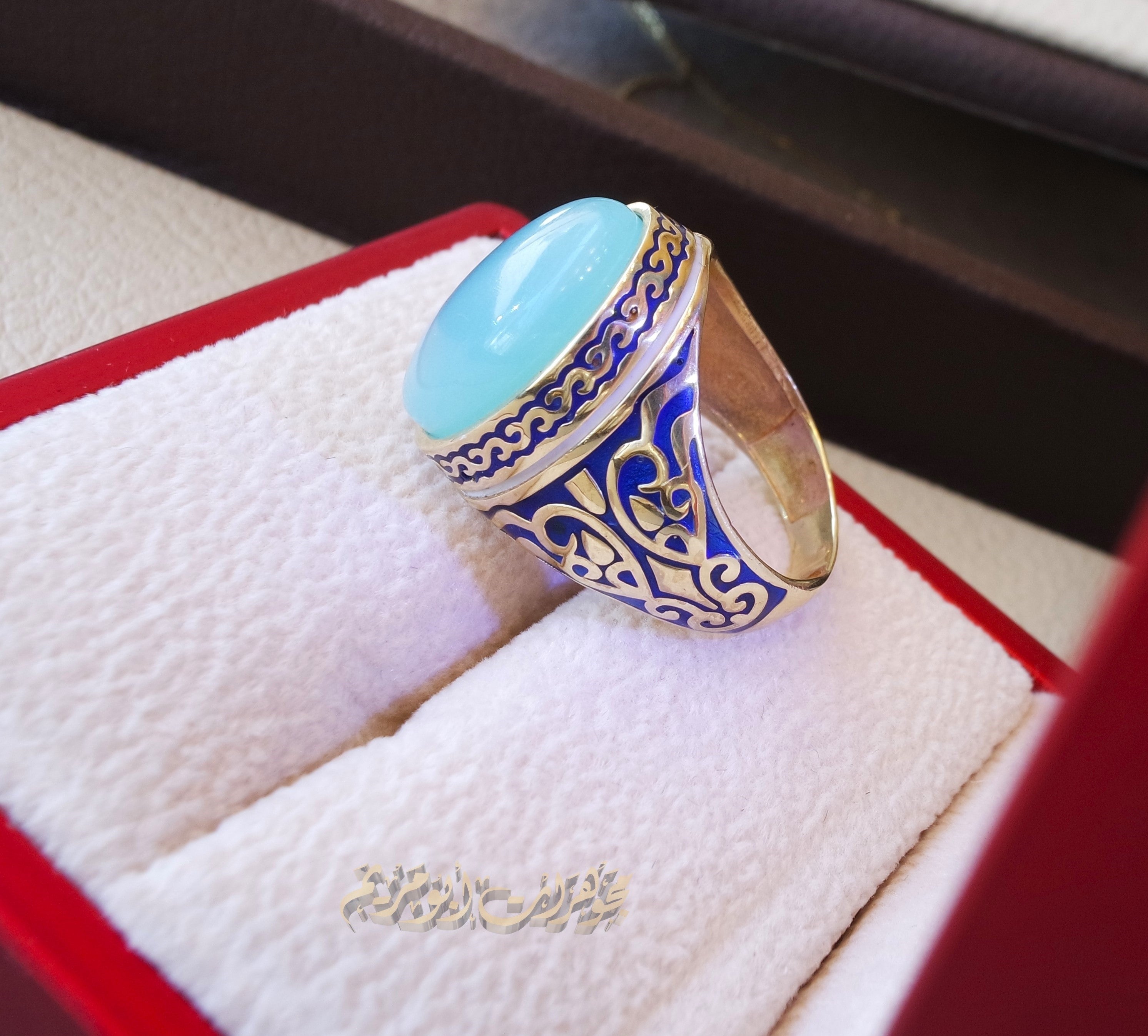 10k yellow gold men ring natural blue Chalcedony cabochon stone all sizes Engraved with dark blue and white enamel  Ottoman signet style fine jewelry fast shipping