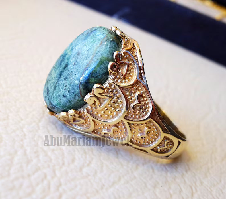 10k yellow gold men ring natural green swiss opal cabochon high quality stone all sizes Ottoman signet style fine jewelry fast shipping