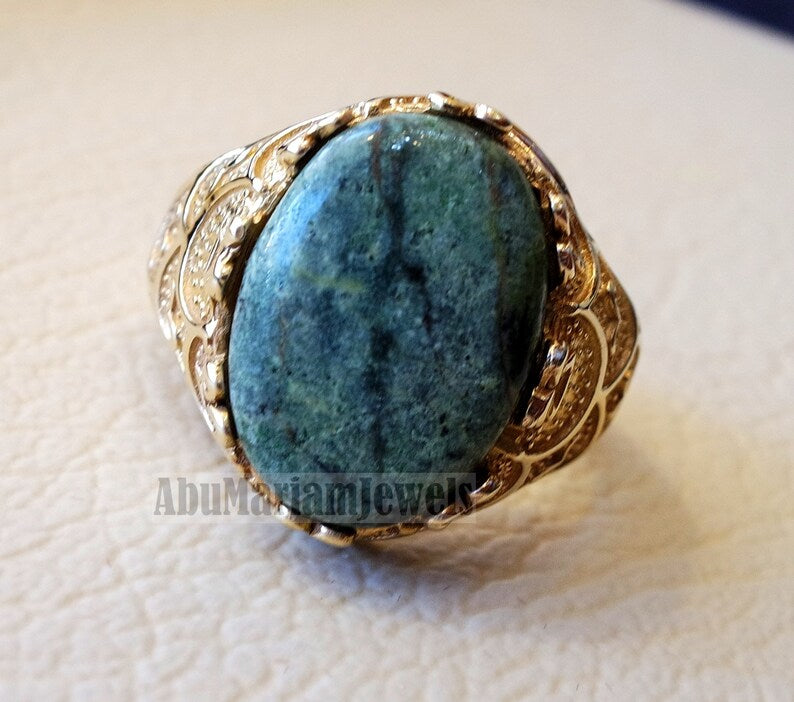 10k yellow gold men ring natural green swiss opal cabochon high quality stone all sizes Ottoman signet style fine jewelry fast shipping