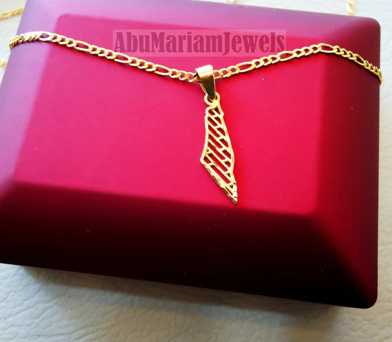21K gold Palestine map pendant with figaro chain gold jewelry Arabic fast shipping خارطه و علم فلسطين