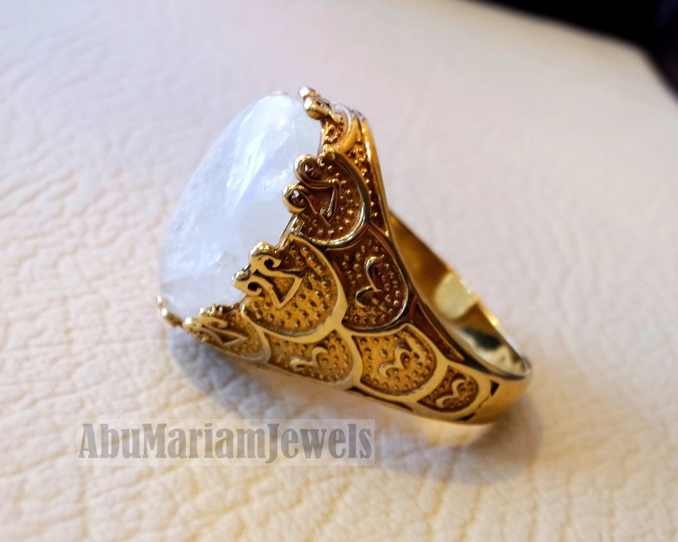 Moonstone 10k yellow gold men ring natural cabochon stone all sizes Ottoman signet style fine jewelry fast shipping
