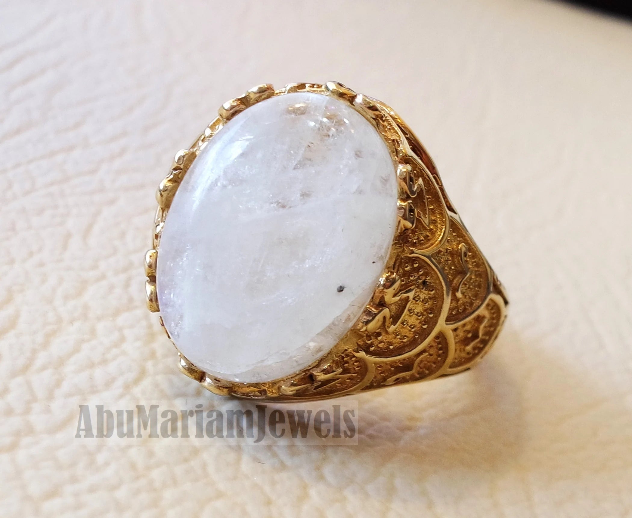 Moonstone 10k yellow gold men ring natural cabochon stone all sizes Ottoman signet style fine jewelry fast shipping