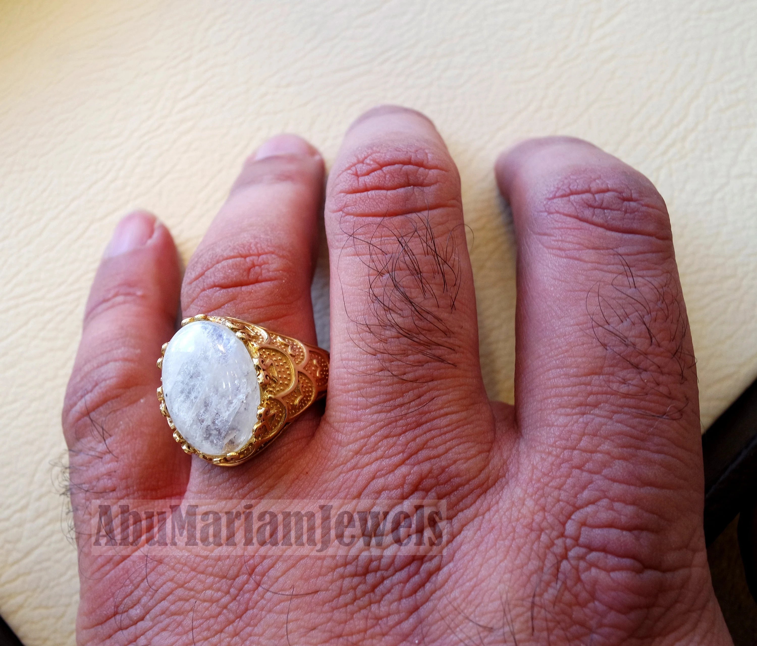 Moonstone 10k yellow gold men ring natural cabochon stone all sizes Ottoman signet style fine jewelry fast shipping