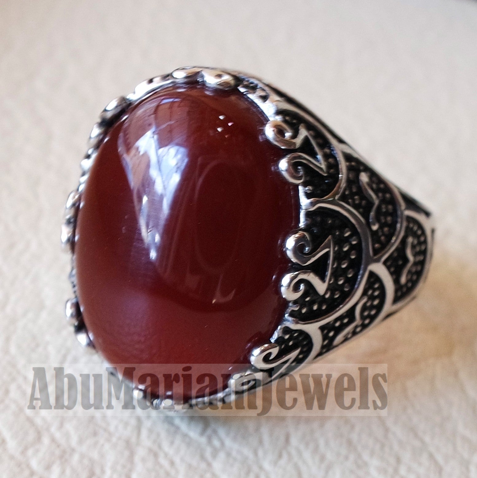 aqeeq natural liver agate carnelian  stone oval red cabochon gem man ring sterling silver arabic middle eastern turkey style