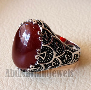 aqeeq natural liver agate carnelian  stone oval red cabochon gem man ring sterling silver arabic middle eastern turkey style