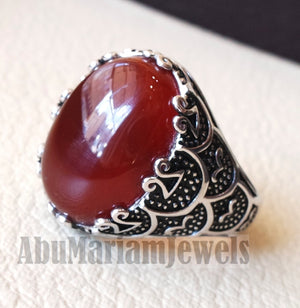 aqeeq natural liver agate carnelian  stone oval red cabochon gem man ring sterling silver arabic middle eastern turkey style