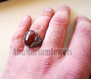 aqeeq natural liver agate carnelian  stone oval red cabochon gem man ring sterling silver arabic middle eastern turkey style