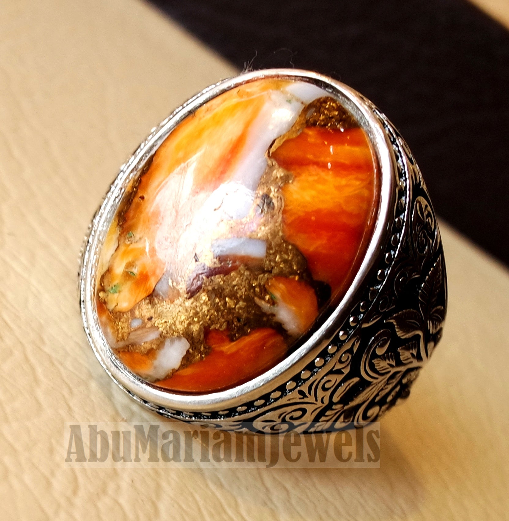 copper oyster man ring natural stone sterling silver 925 oval cabochon semi precious gem ottoman nature style all sizes jewelry