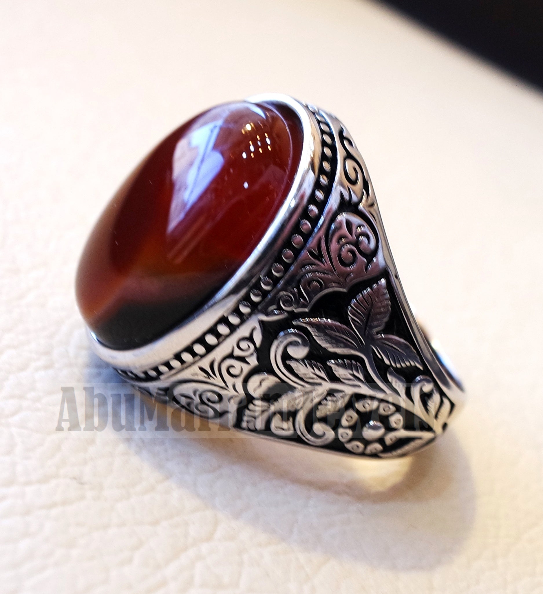 Striped aqeeq natural liver agate carnelian stone oval red cabochon gem man ring sterling silver arabic middle eastern turkey style