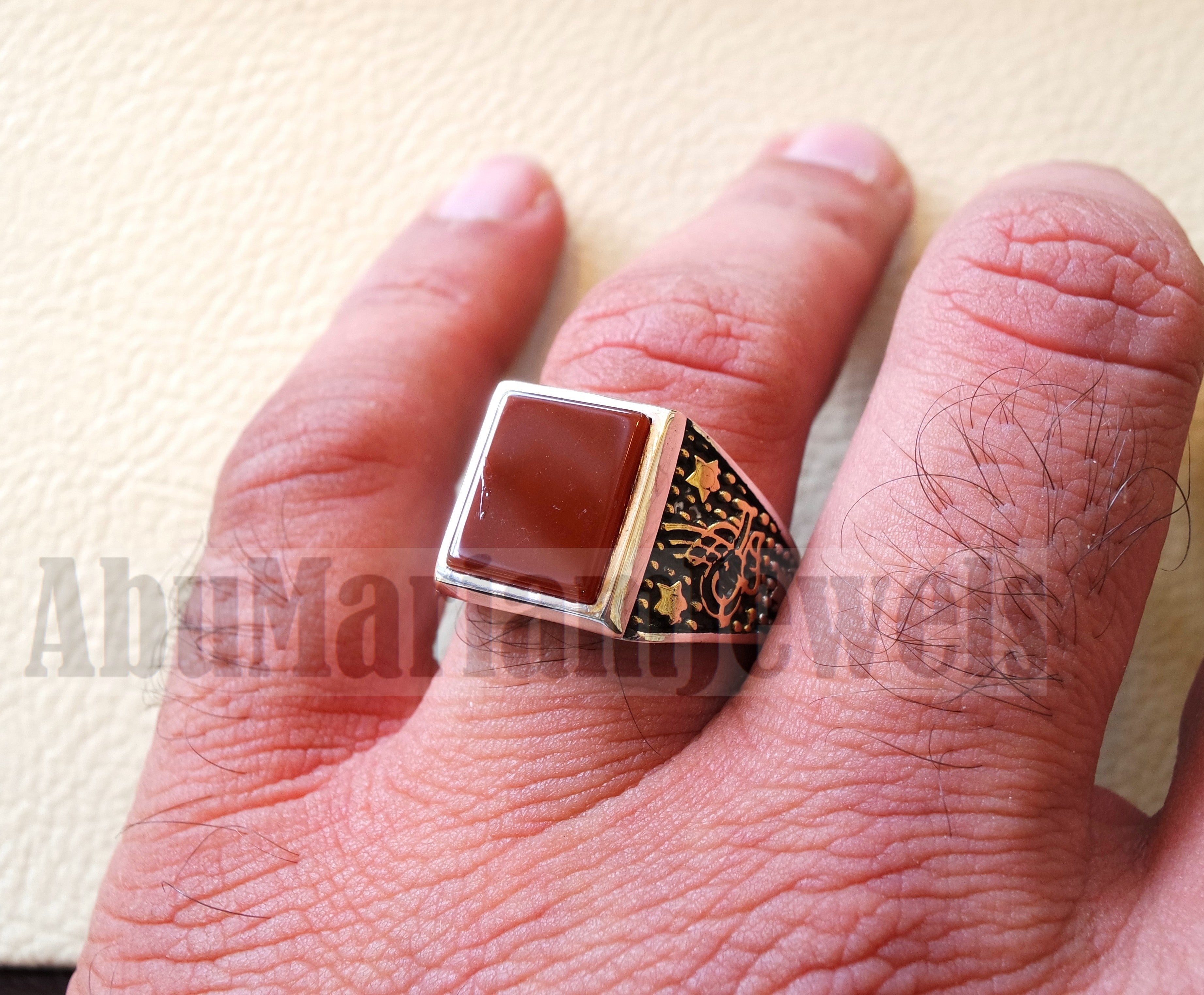 Rectangular silver aqeeq flat natural semi precious agate carnelian gemstone men ring sterling silver 925 and bronze jewelry all sizes