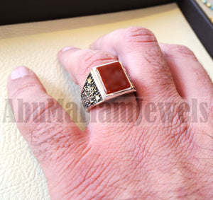 Rectangular silver aqeeq flat natural semi precious agate carnelian gemstone men ring sterling silver 925 and bronze jewelry all sizes