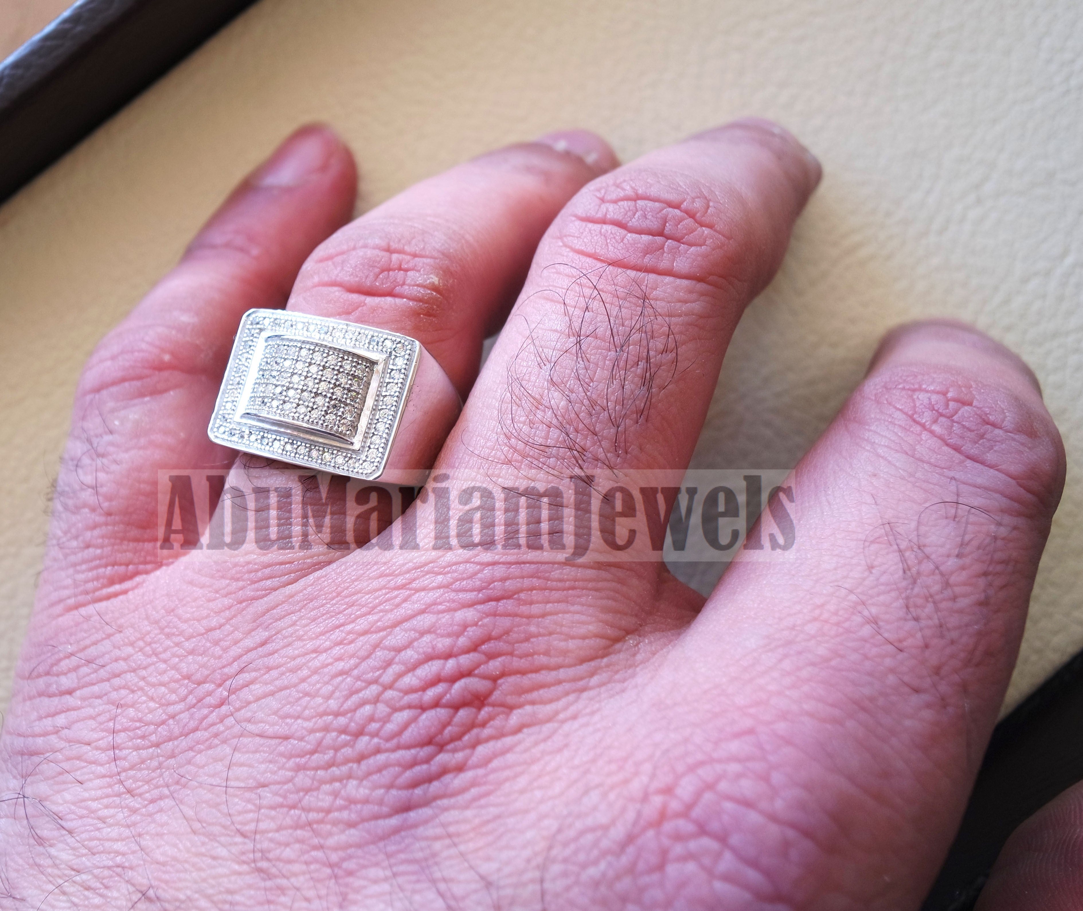 Micro pave cubic zirconia white stones diamond style sterling silver 925 heavy stunning men ring all sizes .
