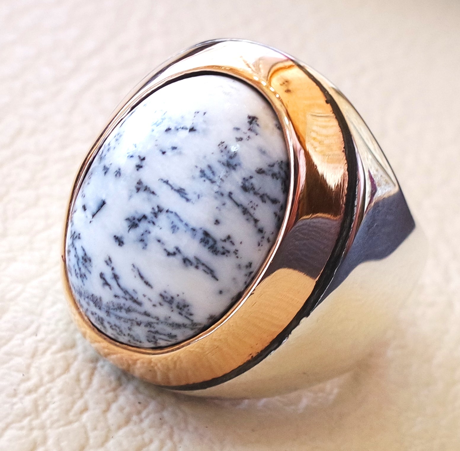 Men ring Dendritic opal agate natural stone sterling silver 925 and bronze ottoman turkey middle eastern antique style any size