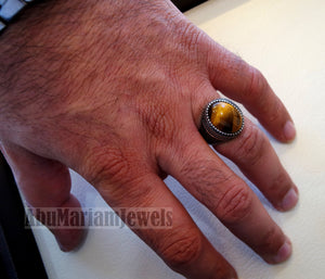men ring sterling silver 925 cat eye tiger eye natural cabochon stone any size ottoman turkish middle eastern arabic jewelry