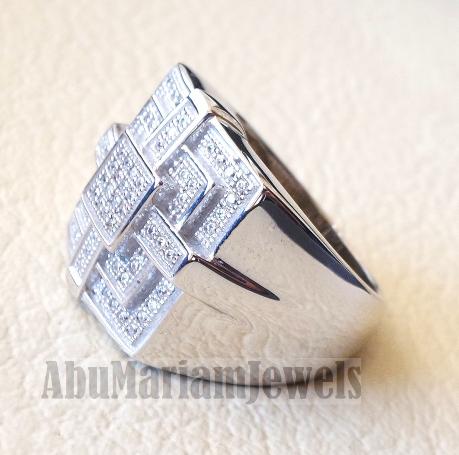 Micro pave cubic zirconia white stones diamond style sterling silver 925 heavy huge pyramid shape stunning men ring all sizes .