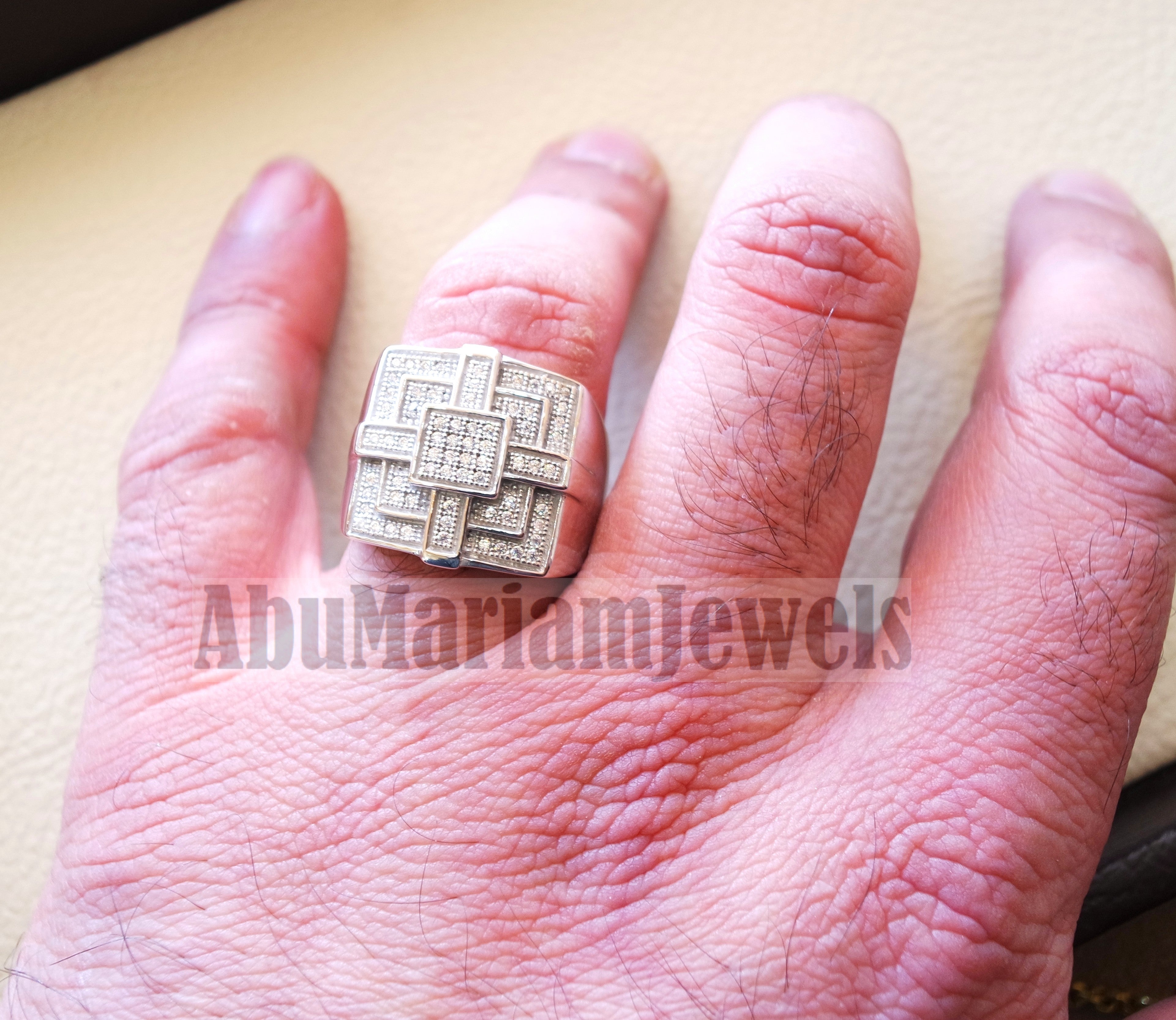 Micro pave cubic zirconia white stones diamond style sterling silver 925 heavy huge pyramid shape stunning men ring all sizes .