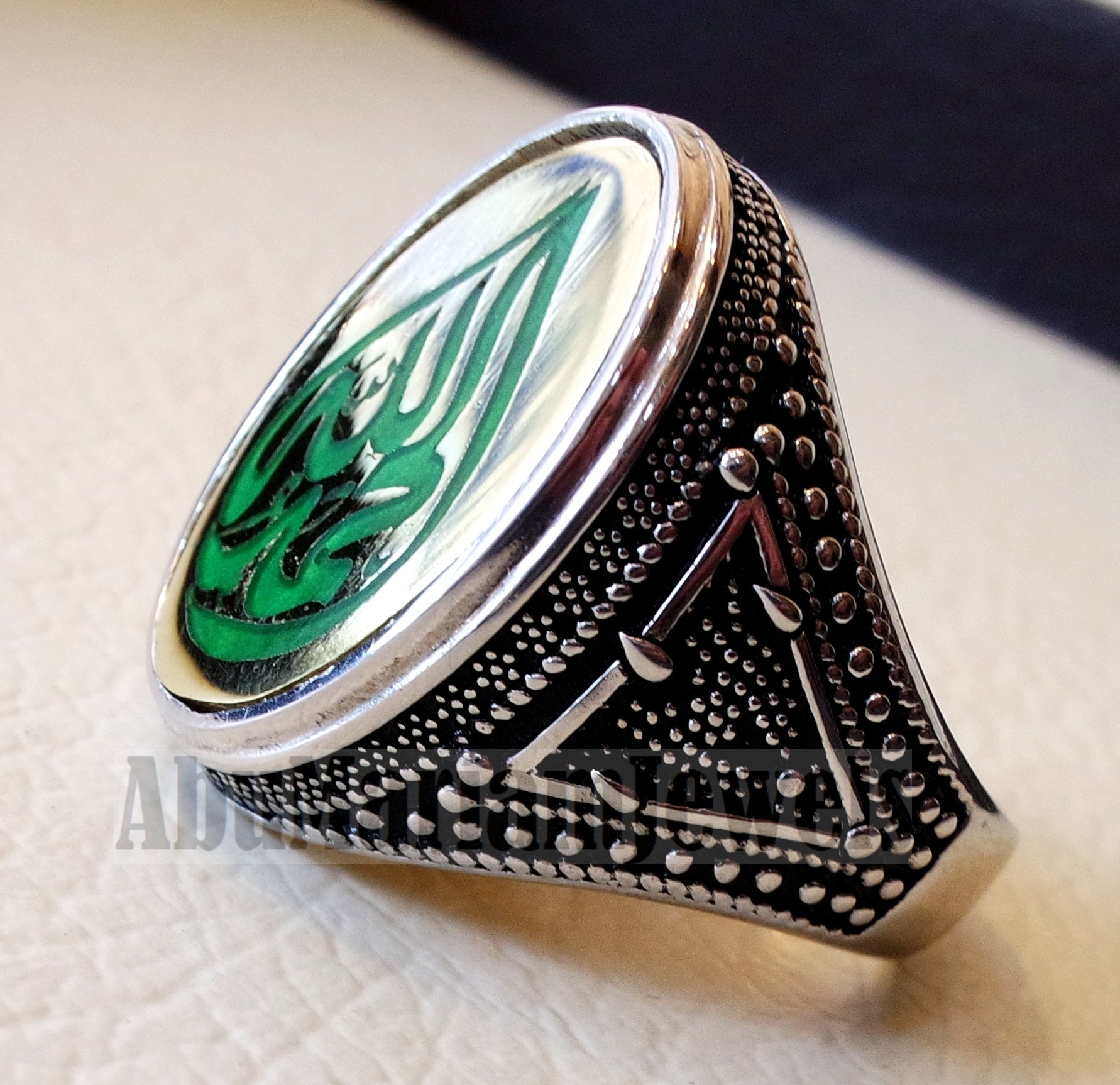 men ring Ayet Arabic islamic quraan verses Alhamdo Le allah green enamel sterling silver 925 bronze any size jewelry man gift خاتم الحمد لله