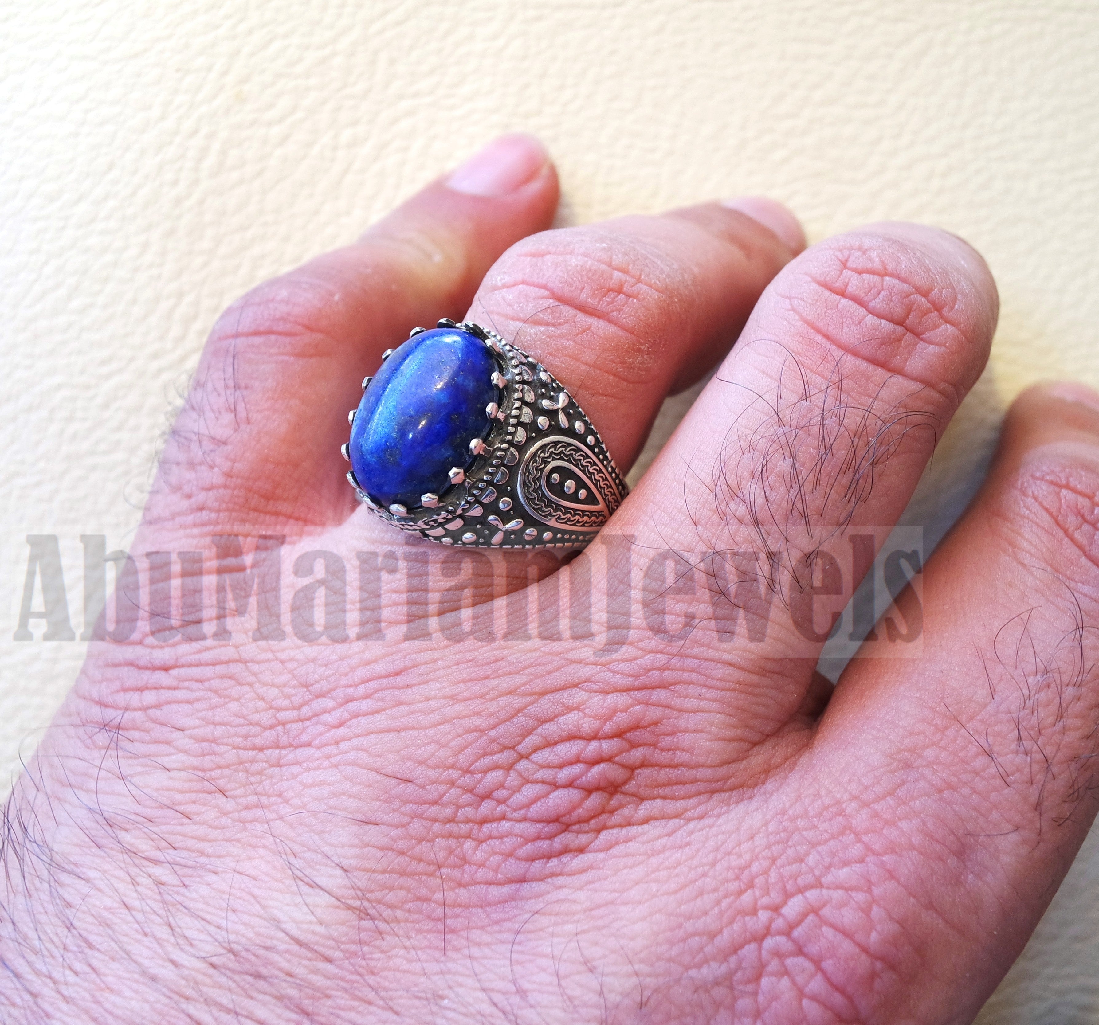 man ring lapis lazuli oval cabochon natural dark blue stone sterling silver 925 men jewelry all sizes 16 * 12 mm antique middle eastern