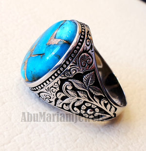 copper turquoise natural stone men sterling silver 925 ring oval cabochon semi precious gem ottoman nature style all sizes jewelry
