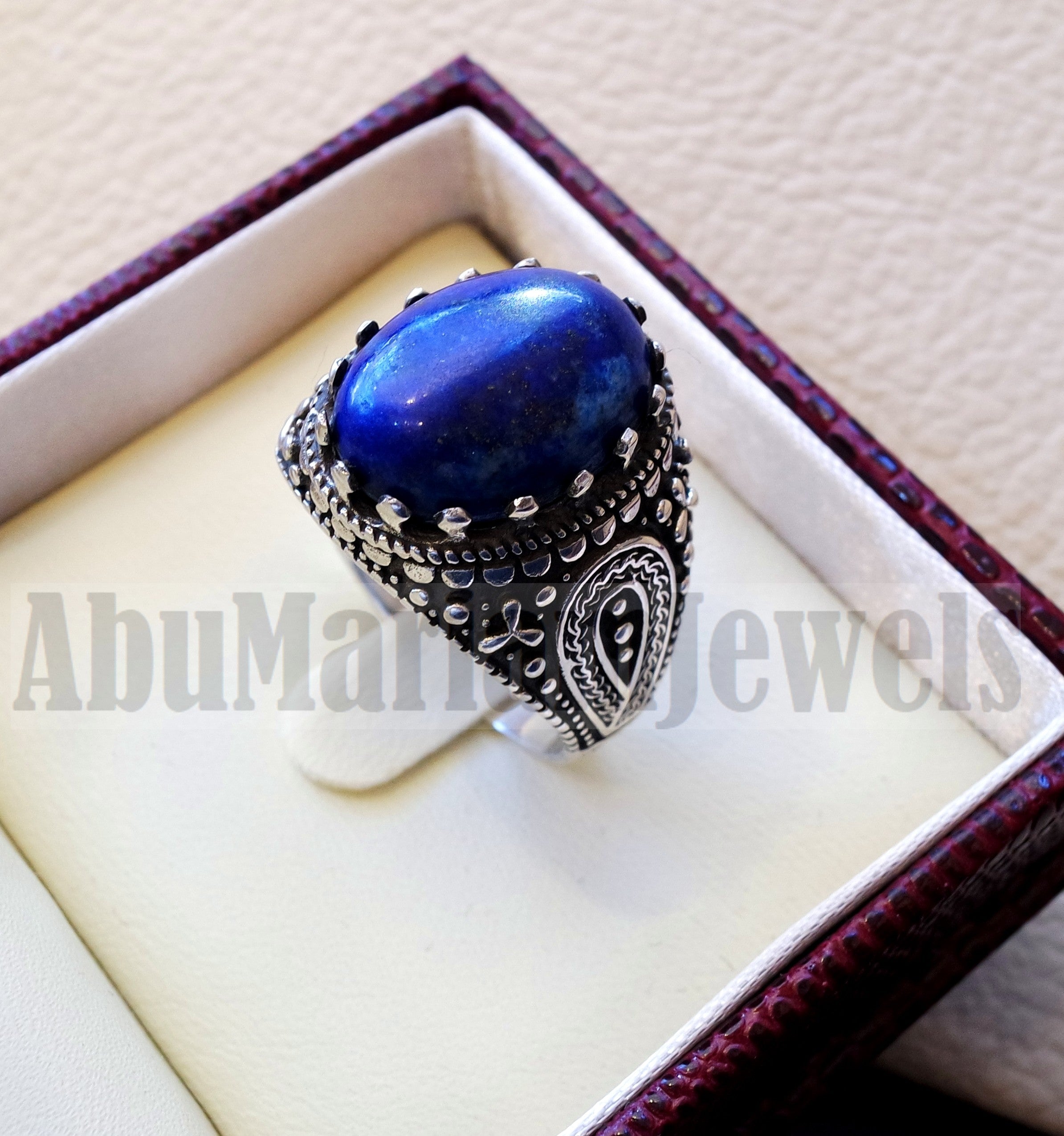 man ring lapis lazuli oval cabochon natural dark blue stone sterling silver 925 men jewelry all sizes 16 * 12 mm antique middle eastern