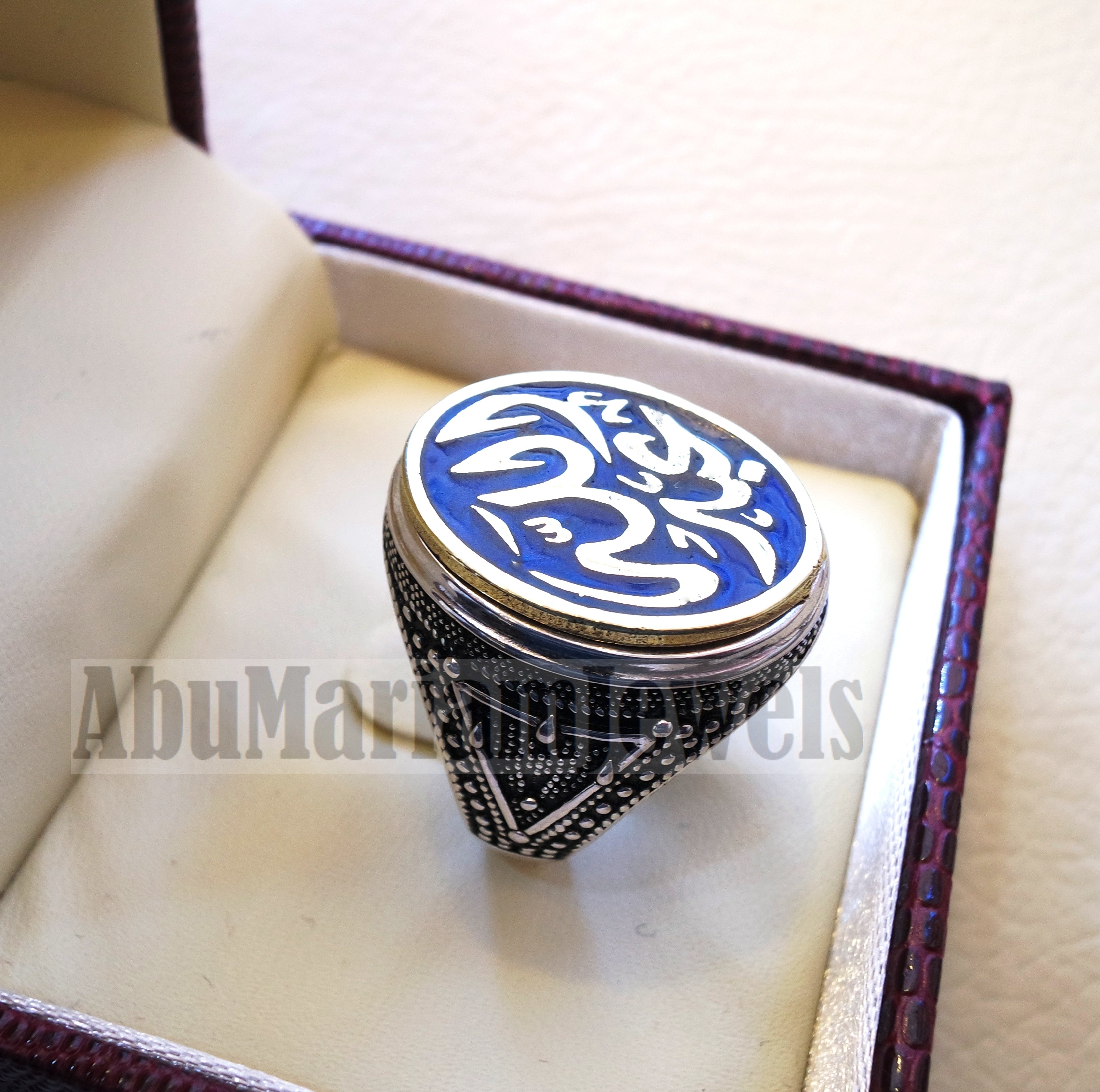 Customized Arabic calligraphy names ring personalized sterling silver 925 and bronze with dark blue enamel TSE1003 خاتم اسم تفصيل