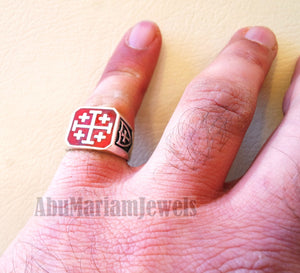Jerusalem Cross ring christ christian symbol sterling silver 925 red enamel man gift jewelry fast shipping square shape Catholic Orthodox