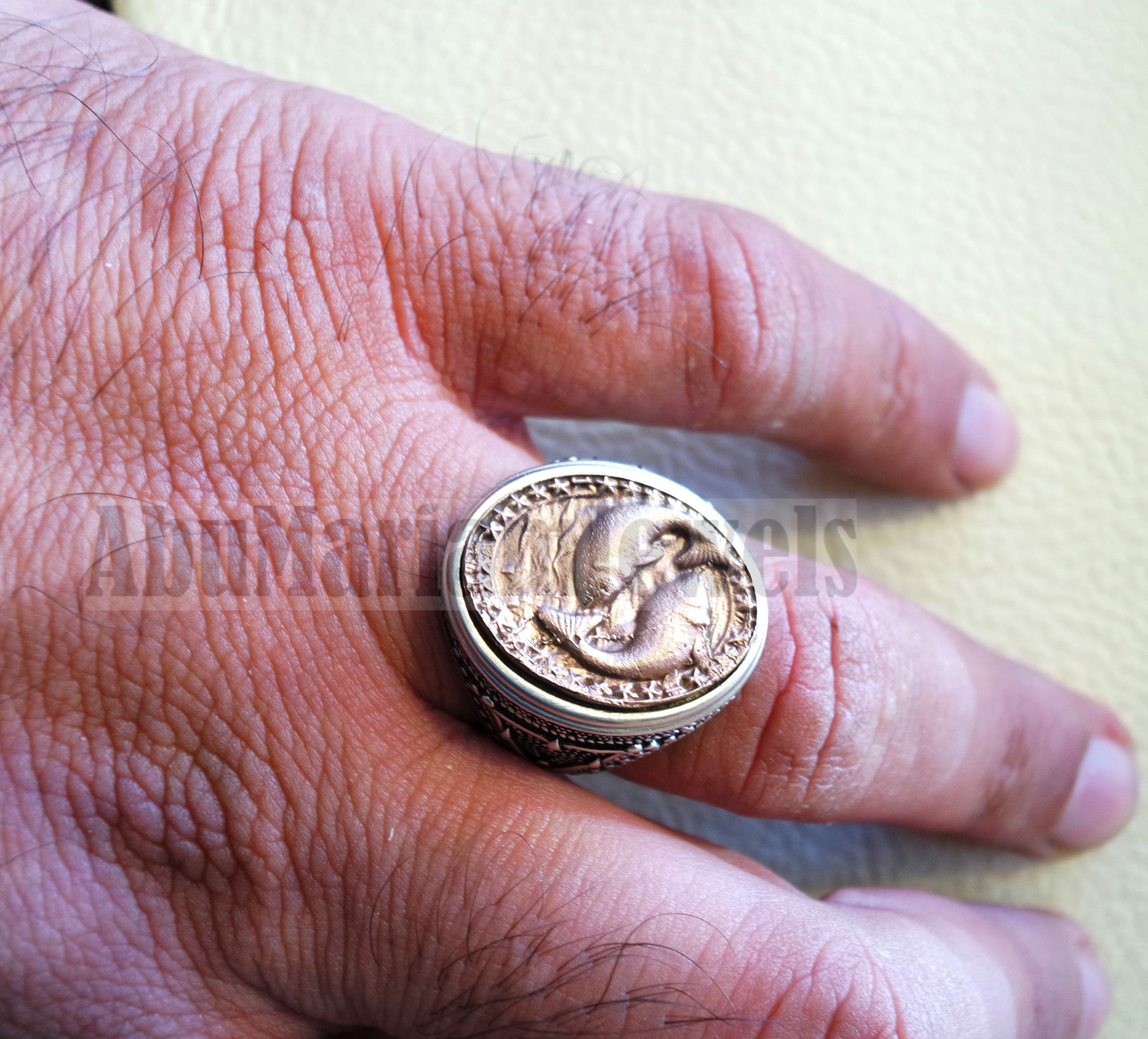Horoscopes zodiac sign Pisces sterling silver 925 and antique bronze huge men ring all sizes men jewelry gift that bring luck fast shipping