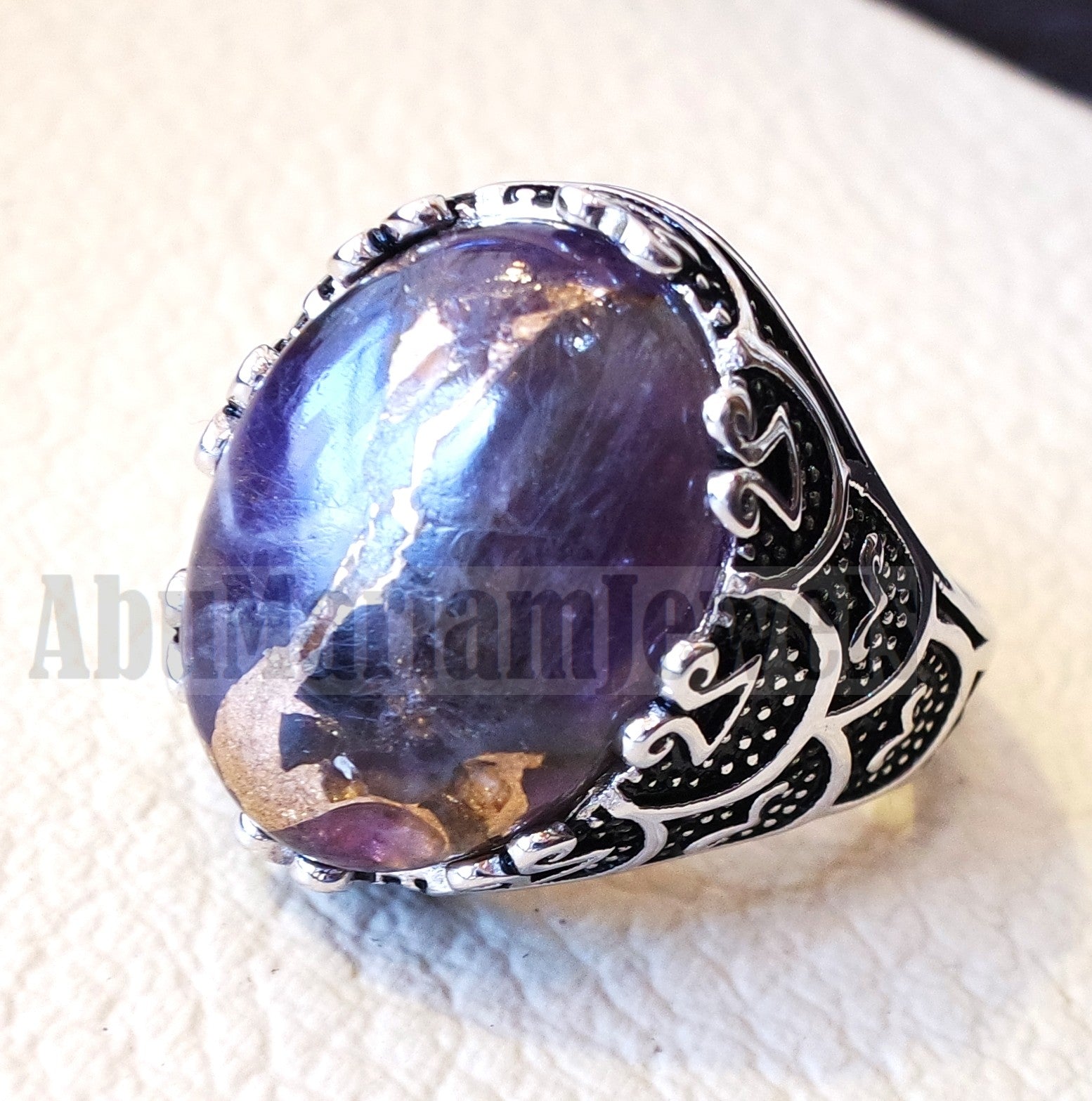 man ring copper amethyst natural purple stone sterling silver 925 oval cabochon semi precious gem ottoman arabic style all sizes jewelry