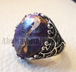 man ring copper amethyst natural purple stone sterling silver 925 oval cabochon semi precious gem ottoman arabic style all sizes jewelry