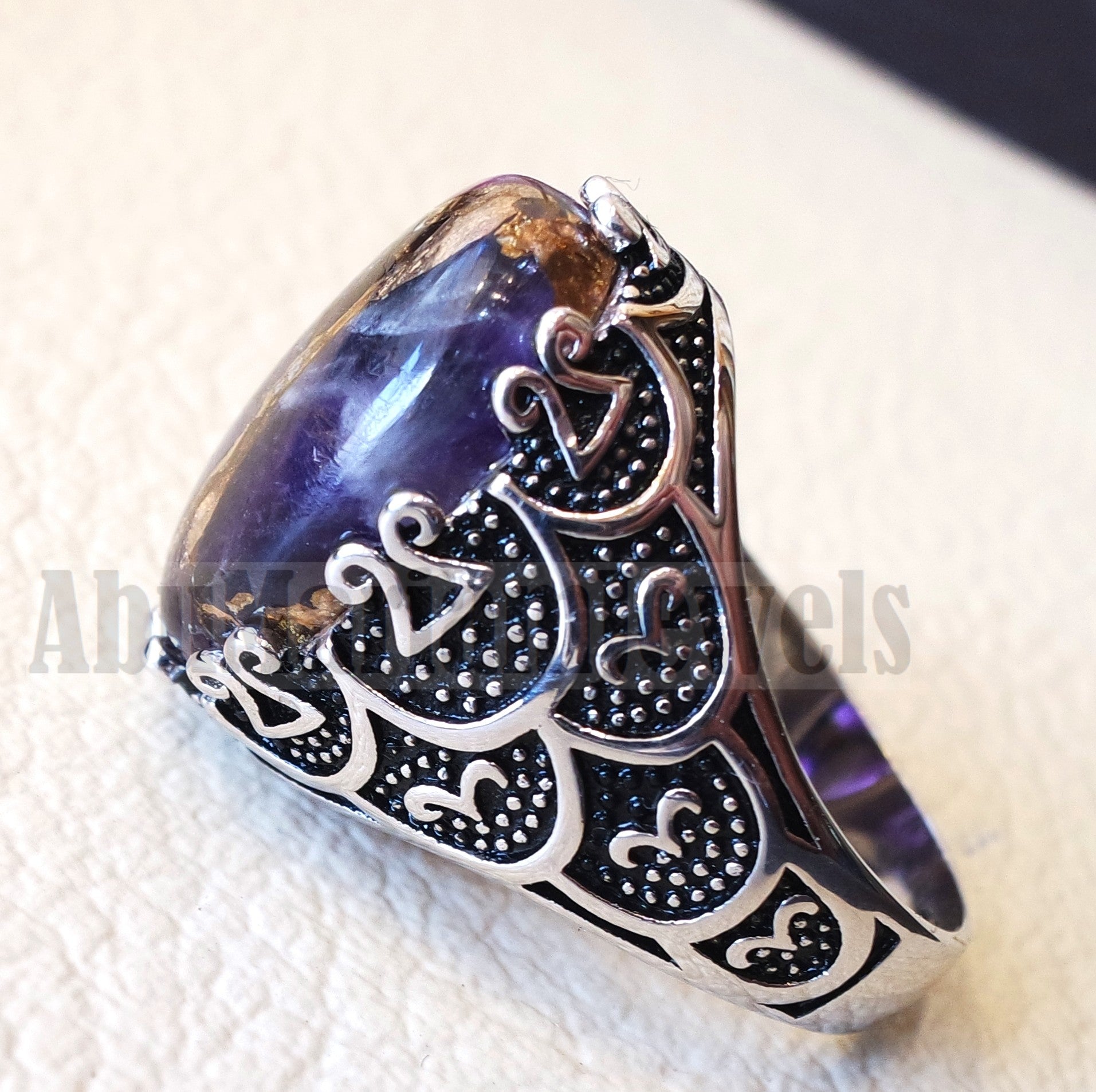 man ring copper amethyst natural purple stone sterling silver 925 oval cabochon semi precious gem ottoman arabic style all sizes jewelry