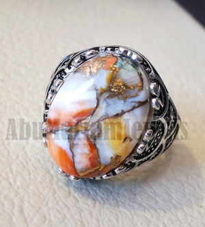 man ring copper oyster natural stone sterling silver 925 oval cabochon semi precious gem ottoman arabic style all sizes jewelry