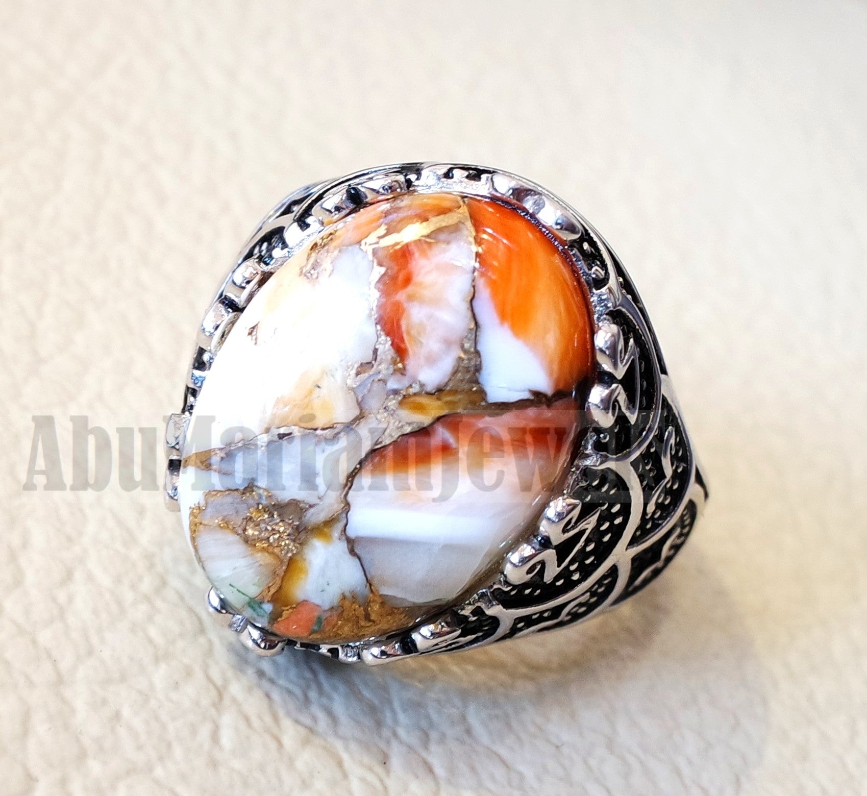man ring copper oyster natural stone sterling silver 925 oval cabochon semi precious gem ottoman arabic style all sizes jewelry