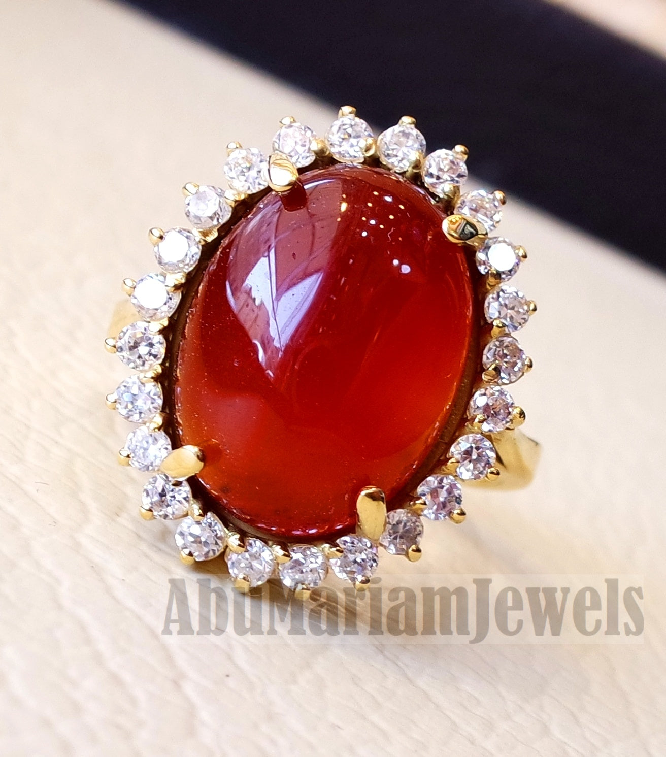 Cluster 18K gold carnelian red aqeeq agate ladies ring cabochon oval stone all sizes jewelry classic style white cubic zircon around