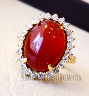 Cluster 18K gold carnelian red aqeeq agate ladies ring cabochon oval stone all sizes jewelry classic style white cubic zircon around