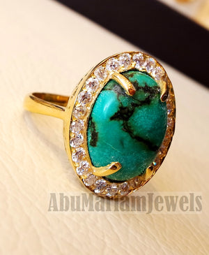 Women 18K gold naural tibet turquoise ladies ring cabochon oval stone all sizes jewelry classic style white cubic zircon around