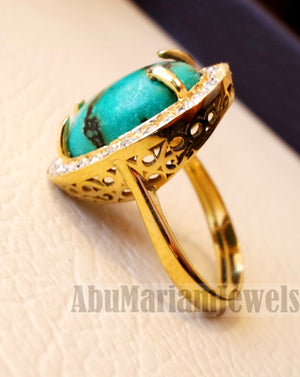 Women 18K gold naural tibet turquoise ladies ring cabochon oval stone all sizes jewelry classic style white cubic zircon around