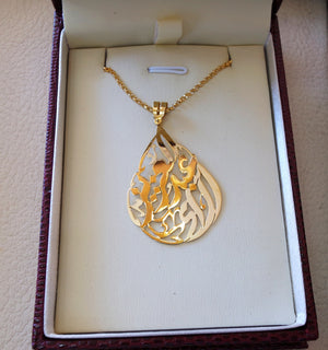 personalized customized 2 names 18 k gold arabic calligraphy pendant with chain pear , round rectangular or any shape fine jewelry