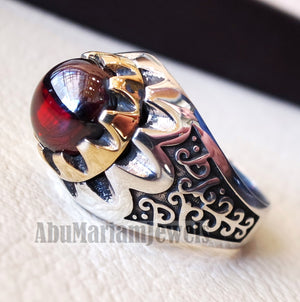 deep red ruby round synthetic imitation stone ring sterling silver