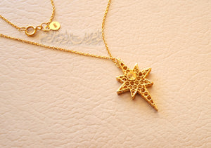 Honeycomb north star 3d 18K yellow gold necklace pendant and chain fine jewelry full insured shipping