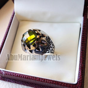 round peridot green cabochon imitation sterling silver 925 men ring all sizes arabic turkish ottoman jewelry bronze frame زبرجد