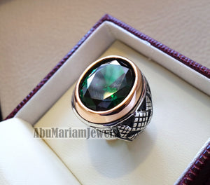 deep vivid fancy green synthetic corundum emerald stone high quality stone sterling silver 925 men ring and bronze frame all sizes jewelry