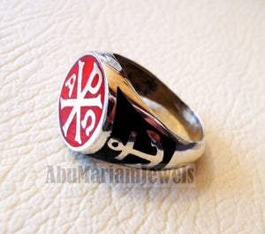 Chi Rho anchor on the sides cross christ christian symbol sterling silver 925 with red and black enamel man round ring jewelry fast shipping