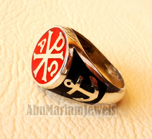 Chi Rho anchor on the sides cross christ christian symbol sterling silver 925 with red and black enamel man round ring jewelry fast shipping