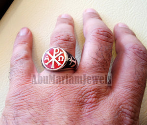 Chi Rho anchor on the sides cross christ christian symbol sterling silver 925 with red and black enamel man round ring jewelry fast shipping