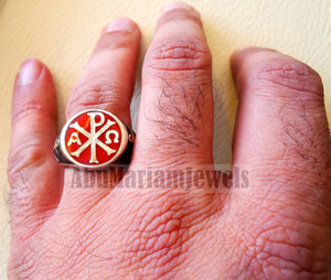 Chi Rho anchor on the sides cross christ christian symbol sterling silver 925 with red and black enamel man round ring jewelry fast shipping