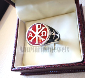 Chi Rho anchor on the sides cross christ christian symbol sterling silver 925 with red and black enamel man round ring jewelry fast shipping