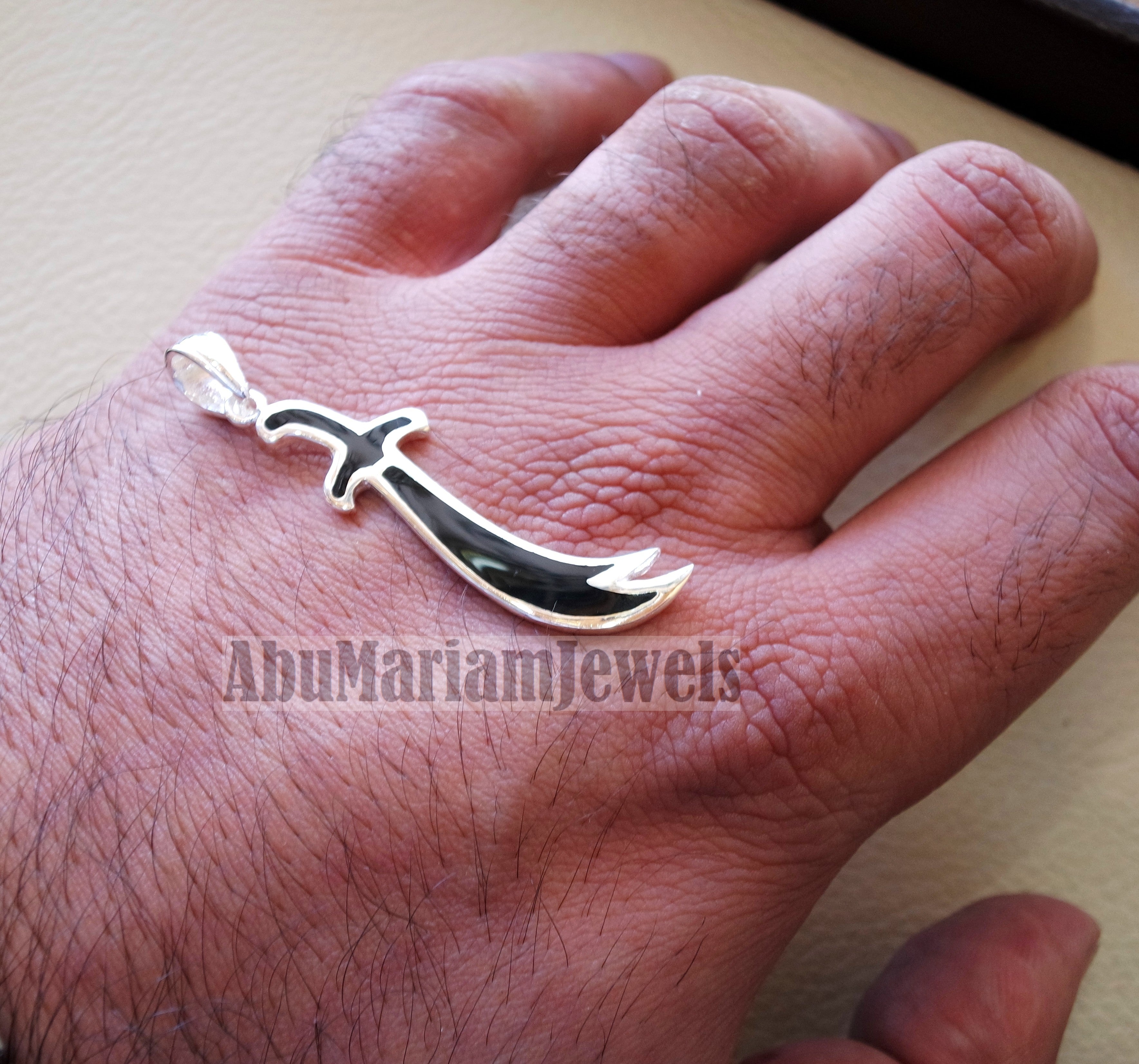 sword pendant big size sterling silver 925 and black enamel handmade Zo Alfaqar Saif express fast shipping with gift jewelry box