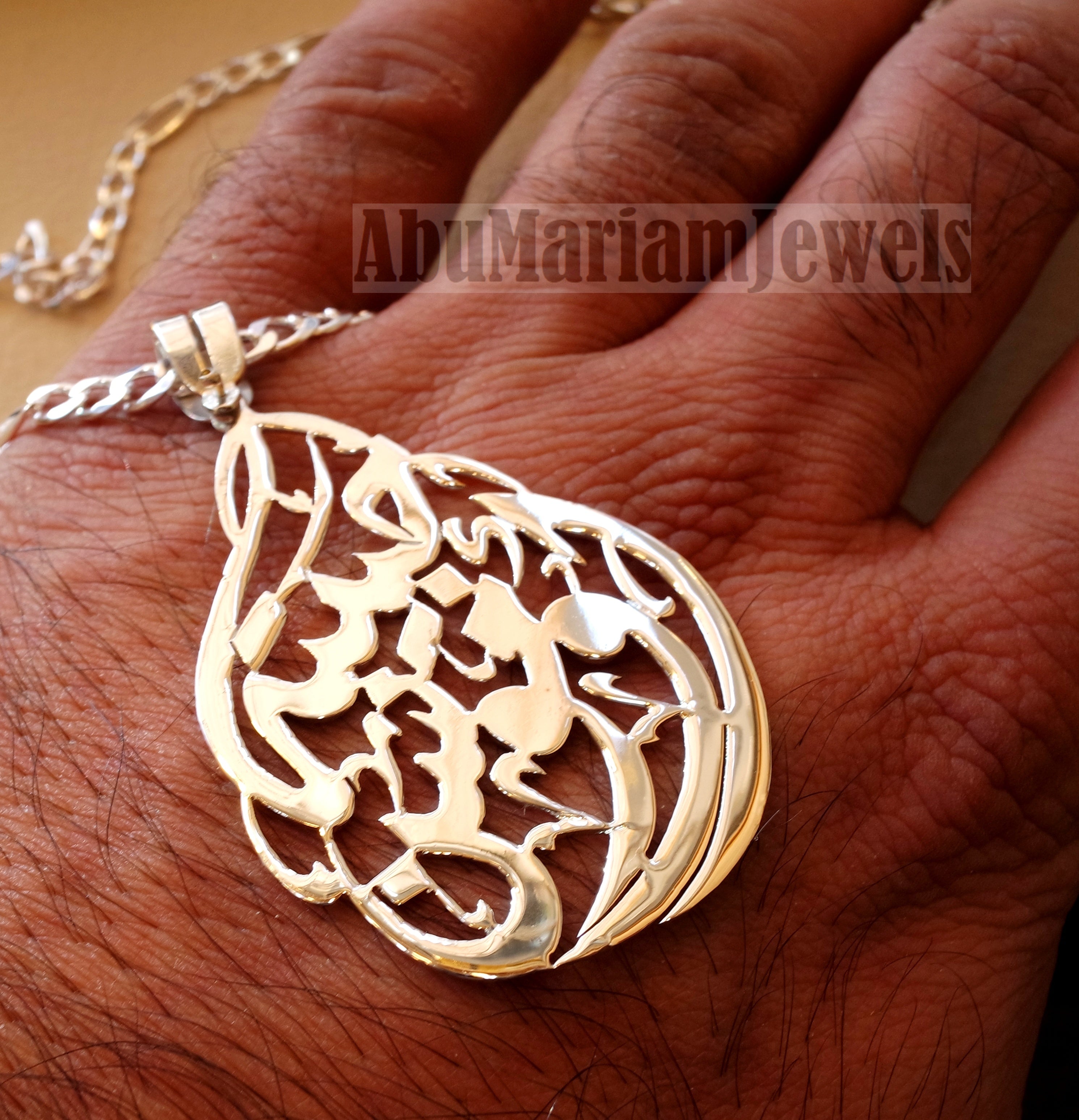 Arabic calligraphy customized name sterling silver 925 high quality polishing pendant with thick chain any two names big size any shape  اسماء عربي