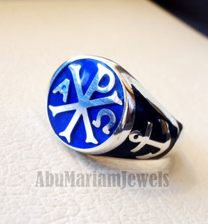 Chi Rho anchor on the sides cross christ christian symbol sterling silver 925 with dark blue enamel man round ring jewelry fast shipping