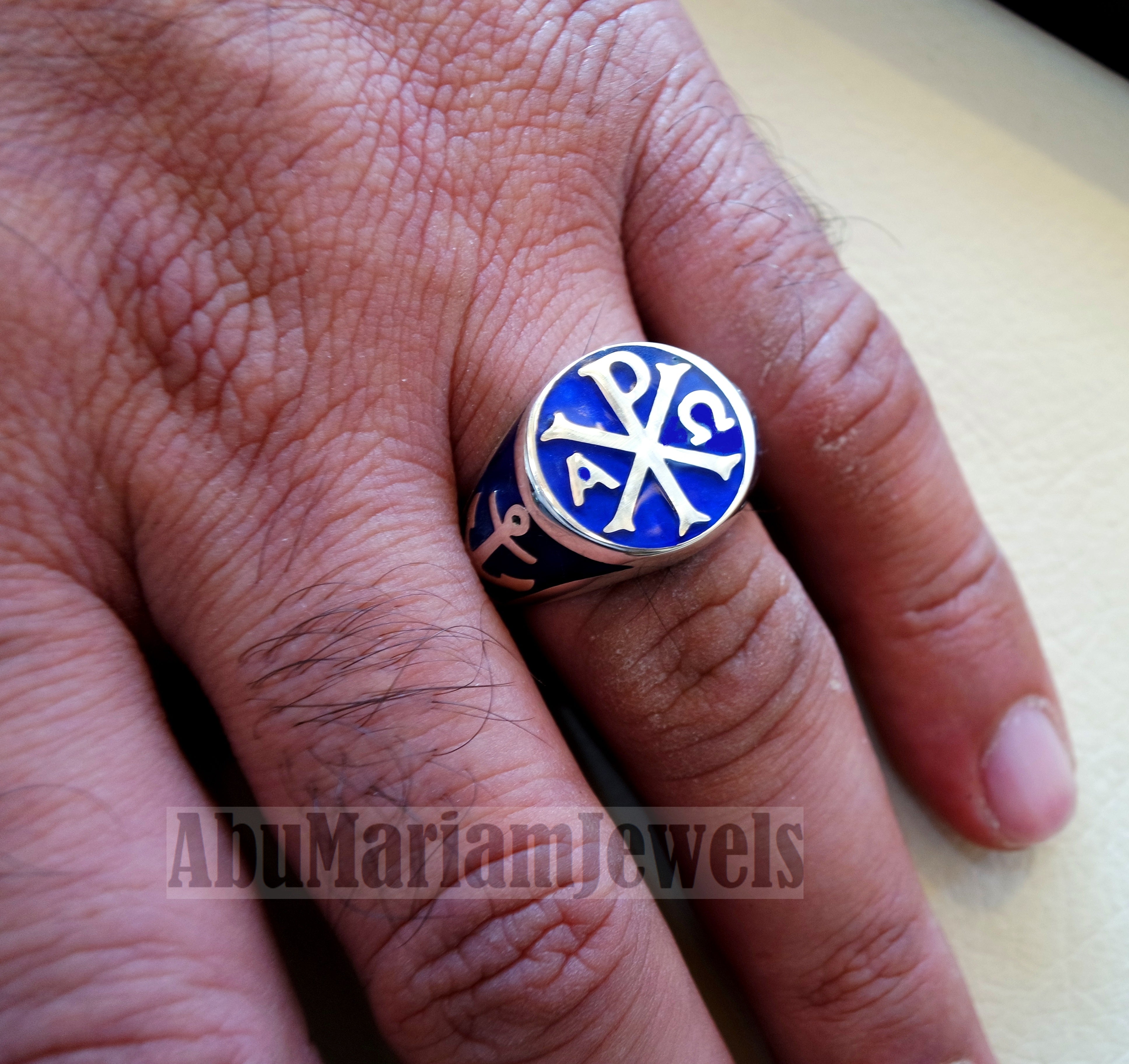 Chi Rho anchor on the sides cross christ christian symbol sterling silver 925 with dark blue enamel man round ring jewelry fast shipping